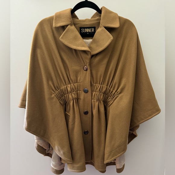 Anthropologie SUNNER Camel Gold Cinched Waist Snap Button Down Wool Cape Sz M - Picture 2 of 9